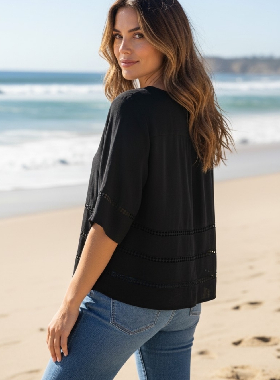Maette - NWT, Black V-Neck Blouse, Embroidered Embellishments, Short Sleeves,... - Picture 2 of 10